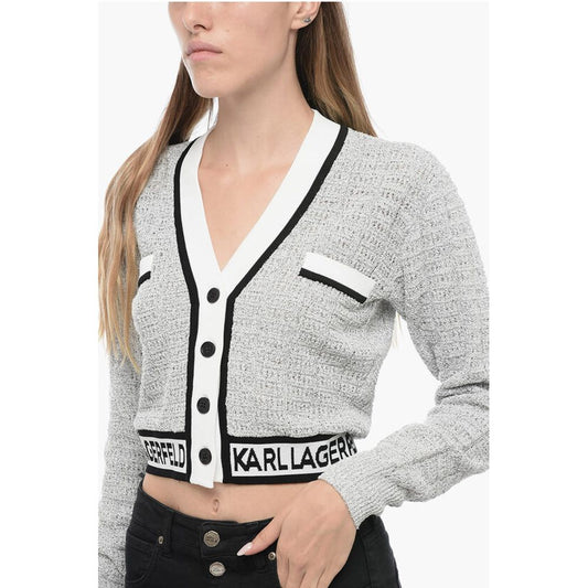 Karl Lagerfeld Bouclè Fabric Cropped Cardigan with Logoed Band