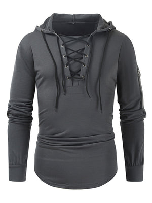 Men's new solid color lace-up sports casual pullover hooded sweatshirt